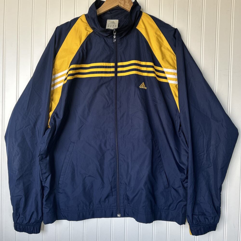 Vintage 90s Adidas Windbreaker Track Jacket Navy Blue Gold Striped Men's L